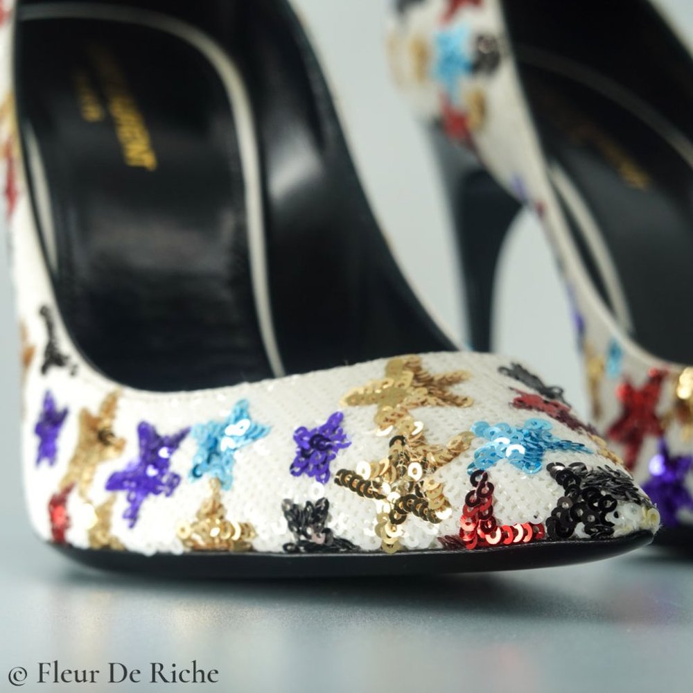 Saint Laurent Palace 105 White Sequin High Heels - Picture 3 of 9